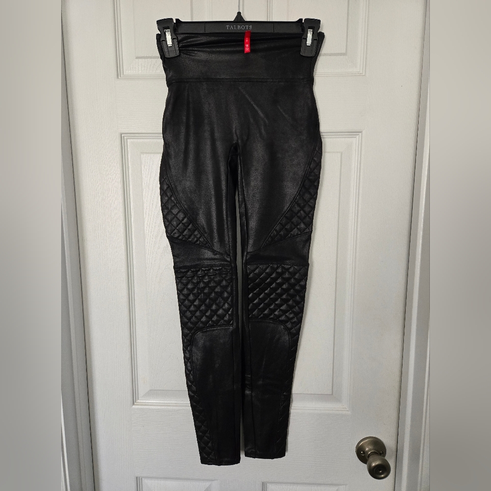 SPANX Black Leather Leggings with Textured Panels